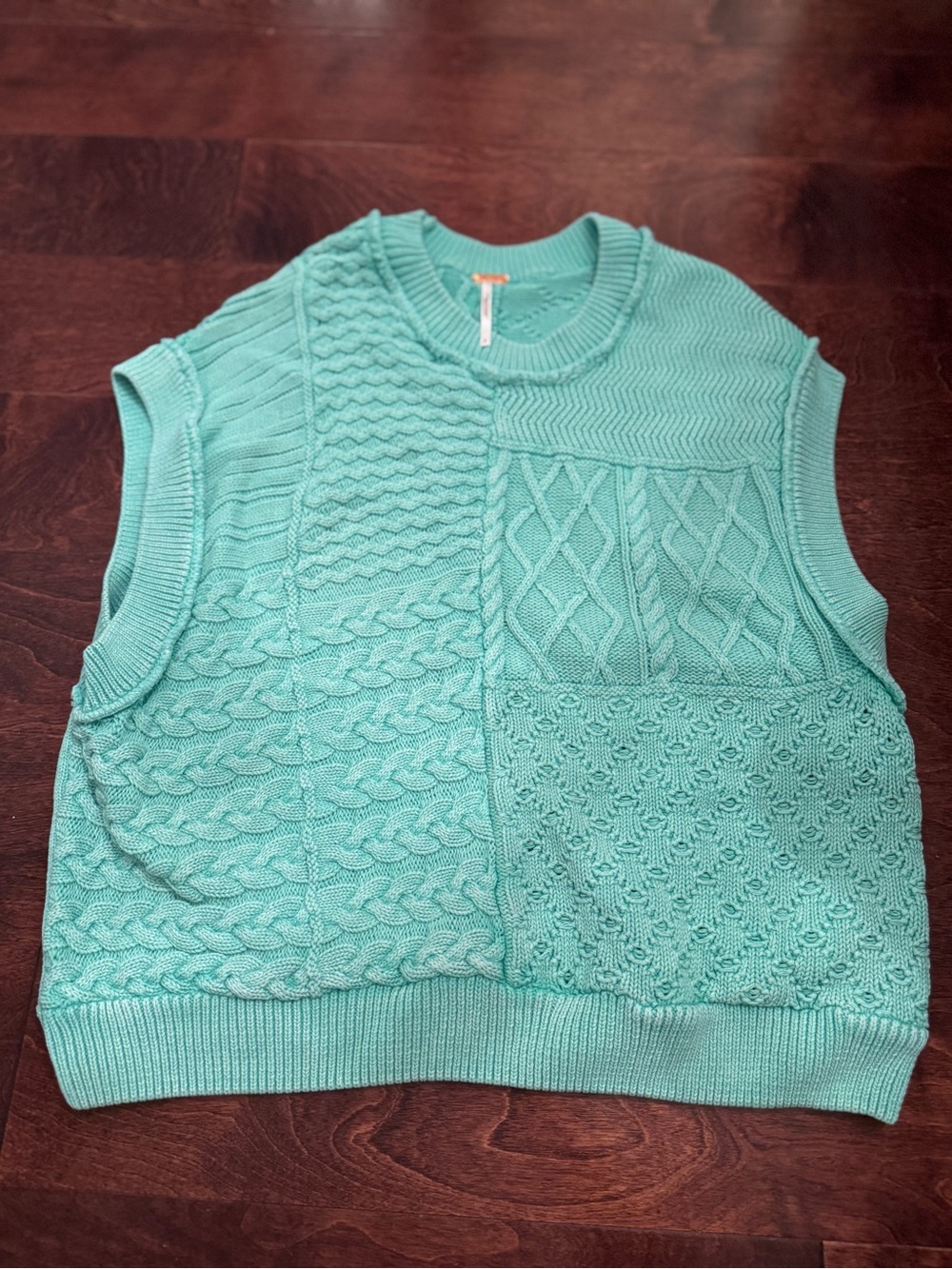 Free People Mint Green Patchwork Cable Knit Sleeveless Sweater Vest